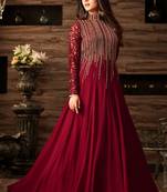 Maroon Embroidered Net Semi Stitched Anarkali Style Suit Up To 42" Size