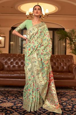 Sea Green Cotton Blend Beautiful Weaving Border Saree With Blouse 1