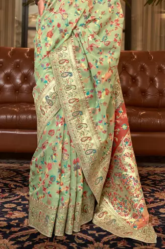 Sea Green Cotton Blend Beautiful Weaving Border Saree With Blouse