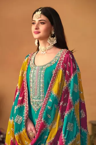 Blue embroidered soft organza salwar suit