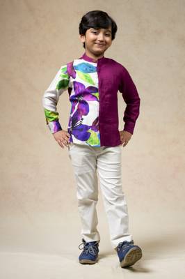Wine color pure linen half n half shirt 1