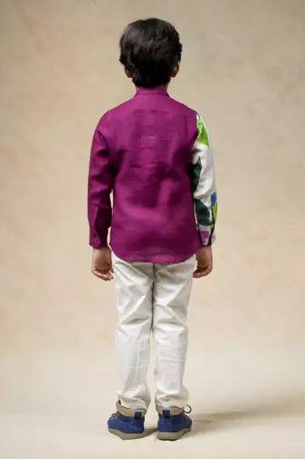 Wine color pure linen half n half shirt
