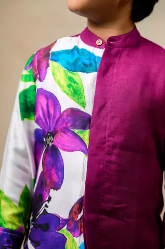 Wine color pure linen half n half shirt