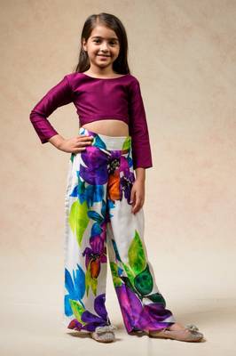 Modern floral print pleated pants with rich wine colored crop top 1