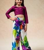 Modern floral print pleated pants with rich wine colored crop top