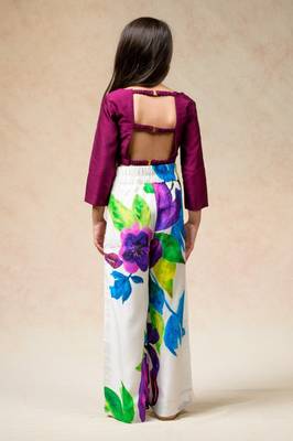 Modern floral print pleated pants with rich wine colored crop top 2