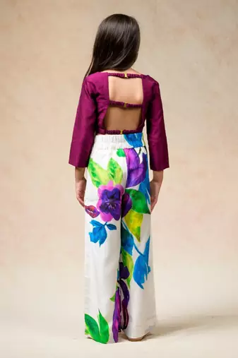 Modern floral print pleated pants with rich wine colored crop top