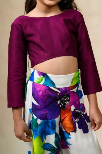 Modern floral print pleated pants with rich wine colored crop top