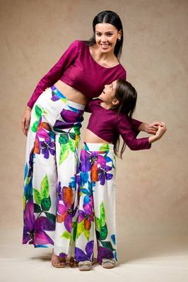 Modern floral print pleated pants with rich wine colored crop top 4