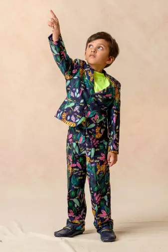 Jungle print coat with loose fitted straight pants and neon stretchable round neck t shirt