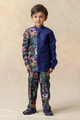 Royal blue pure linen half n half shirt 1