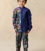 Royal blue pure linen half n half shirt