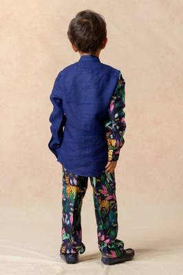 Royal blue pure linen half n half shirt 2