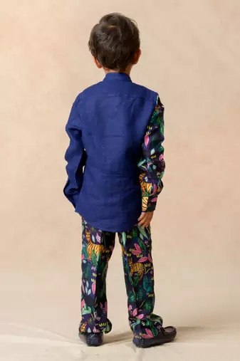 Royal blue pure linen half n half shirt
