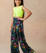 Neon green  buckle top  with modern jungle print pleated pants