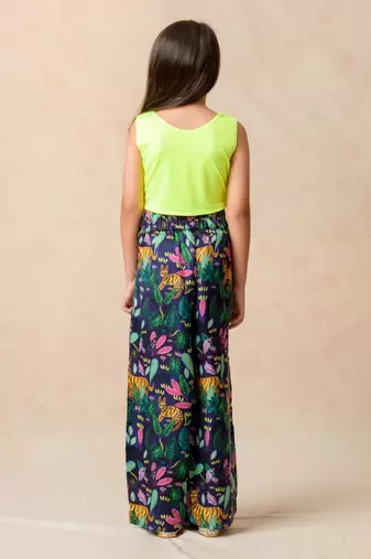 Neon green  buckle top  with modern jungle print pleated pants