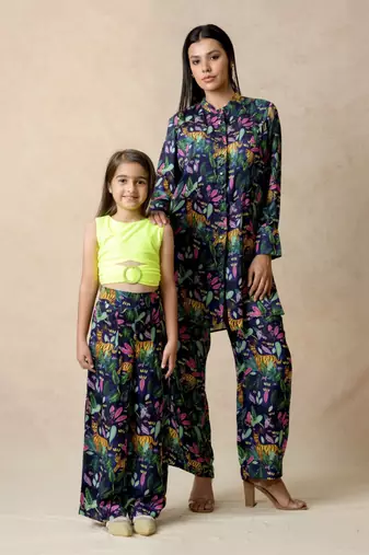 Neon green  buckle top  with modern jungle print pleated pants