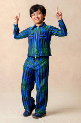 Blue green stripes printed shacket with loose fitted pants 1