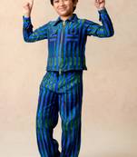 Blue green stripes printed shacket with loose fitted pants