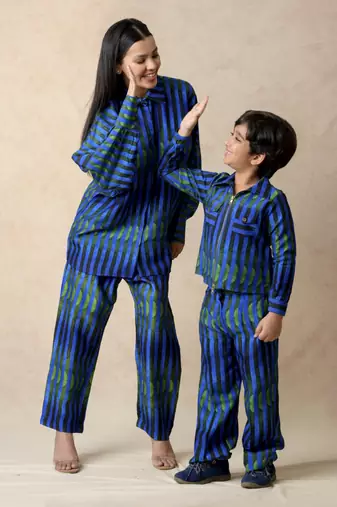 Blue green stripes printed shacket with loose fitted pants