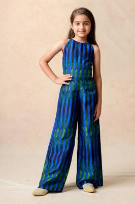 Blue green stripes printed halter neck jumpsuit 1