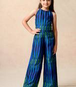Blue green stripes printed halter neck jumpsuit