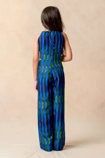 Blue green stripes printed halter neck jumpsuit