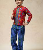 Birds print shacket with blue green stripes printed pants