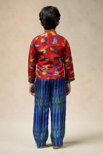 Birds print shacket with blue green stripes printed pants
