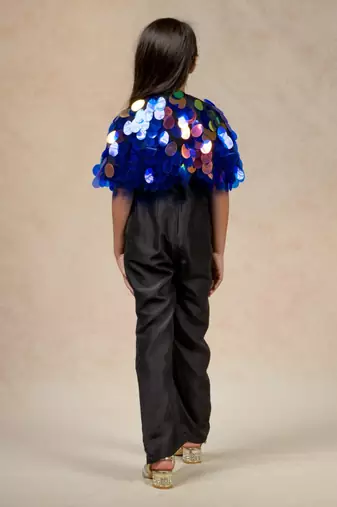 Pure silk black jumpsuit came with hand embroidered big sequence reflective cape