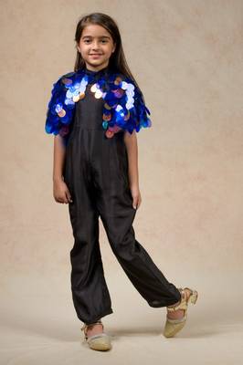 Pure silk black jumpsuit came with hand embroidered big sequence reflective cape 1