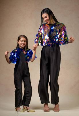 Pure silk black jumpsuit came with hand embroidered big sequence reflective cape 4
