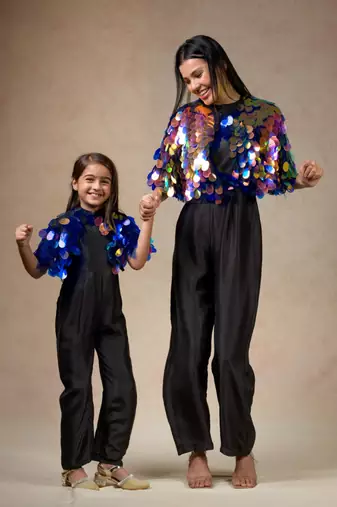 Pure silk black jumpsuit came with hand embroidered big sequence reflective cape