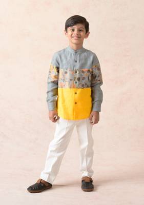 Pure linen shirt with cloud grey floral print panel 1