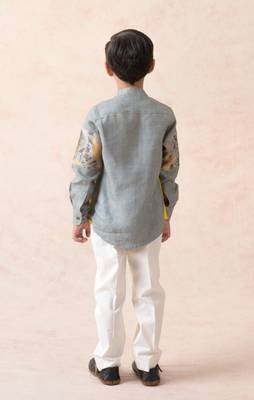 Pure linen shirt with cloud grey floral print panel 2