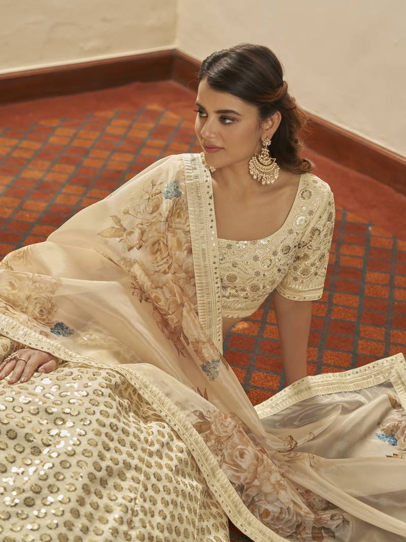 Beige Colored Thread & Sequins Embroidered Art Silk Lehenga Choli For Bride