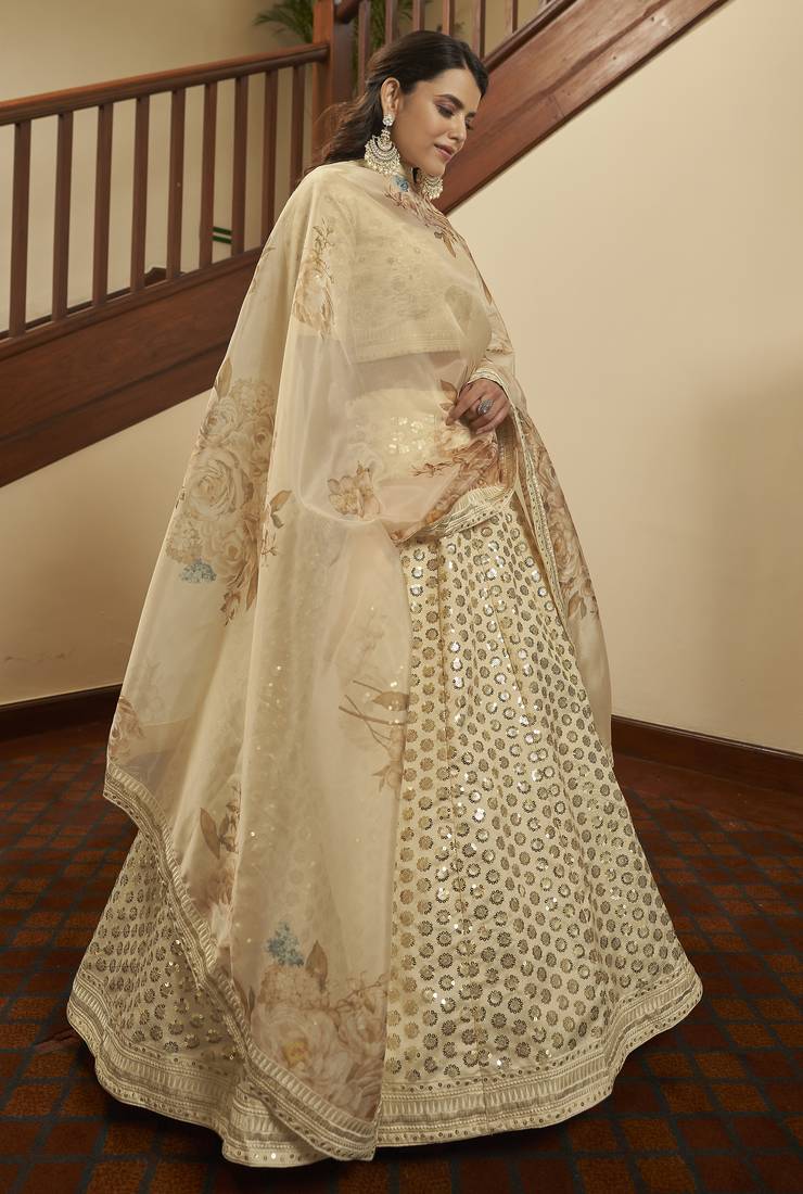 Beige Colored Thread & Sequins Embroidered Art Silk Lehenga Choli For Bride