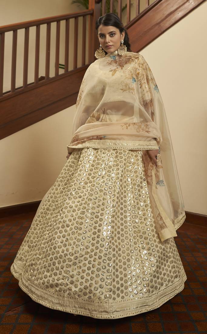 Beige Colored Thread & Sequins Embroidered Art Silk Lehenga Choli For Bride