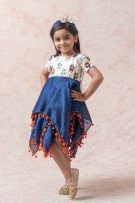 White & Blue Floral Embroidered chanderi silk Frock 1