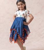 White & Blue Floral Embroidered chanderi silk Frock