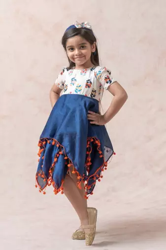 White & Blue Floral Embroidered chanderi silk Frock
