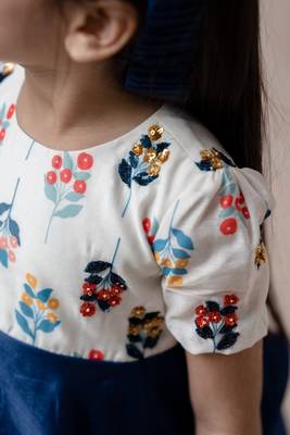White & Blue Floral Embroidered chanderi silk Frock 3