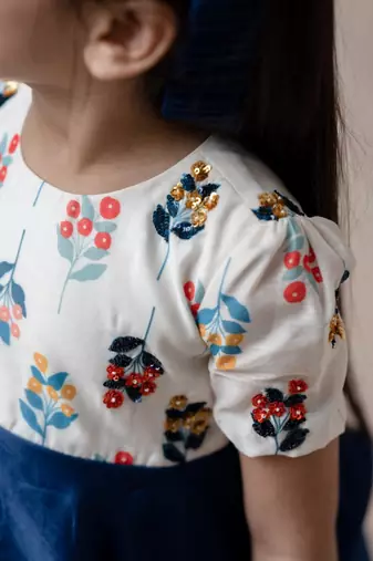 White & Blue Floral Embroidered chanderi silk Frock