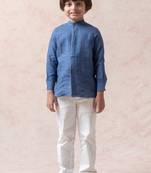 Linen shirt with casal grey pink print silk piping