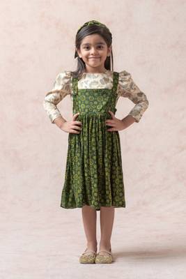 Forest green ajrakh print frock with green beige crop top 1