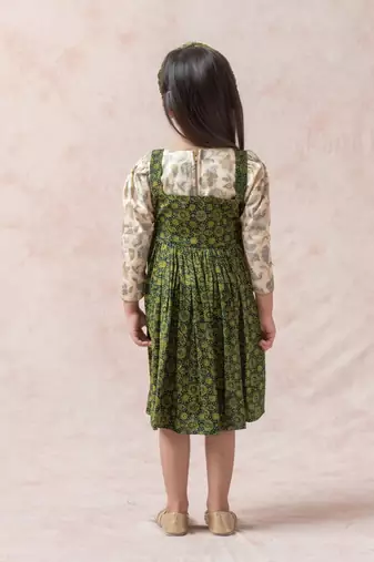 Forest green ajrakh print frock with green beige crop top