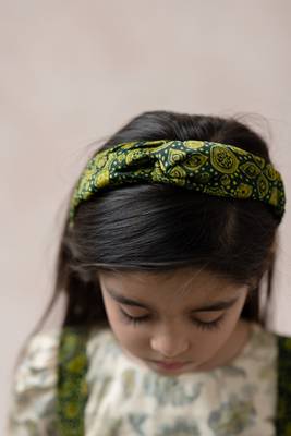 Forest green ajrakh print frock with green beige crop top 3