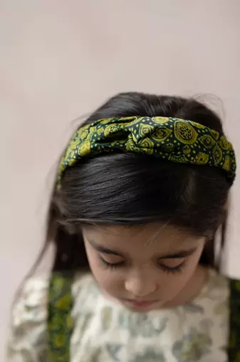 Forest green ajrakh print frock with green beige crop top