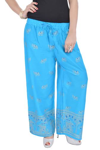 Turquoise Jaipuri Gold Print Cotton Palazzo