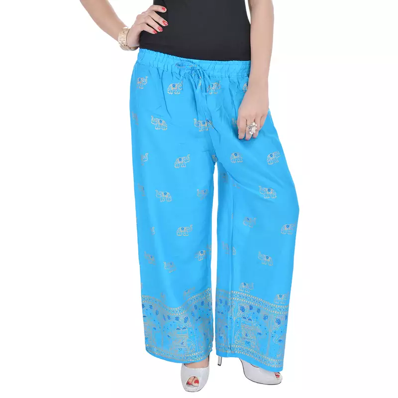 Turquoise Jaipuri Gold Print Cotton Palazzo